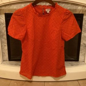 J crew eyelet short puff sleeve size xxs neverworn beauty-deep orange red color
